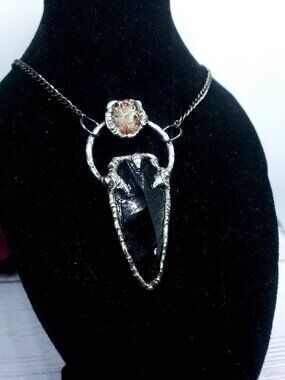 Obsidian arrowhead and lodolite quartz crystal Necklace